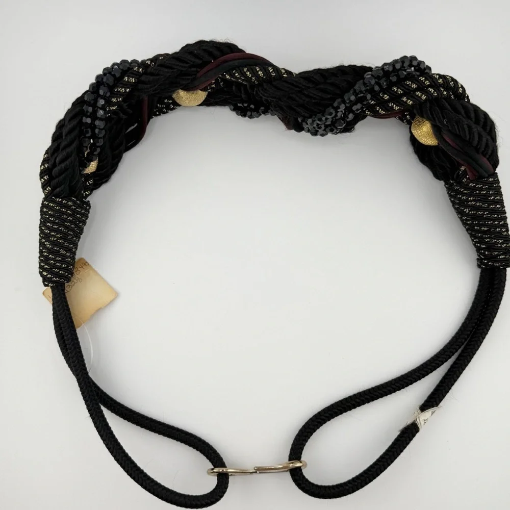 Vintage Braided Rope Belt Black Gold Beaded Statement Belt Boho